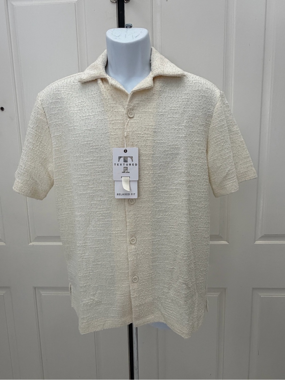 Denim & Flower Textured Relaxed Fit Knit Cream Short Sleeve Shirt Sz S